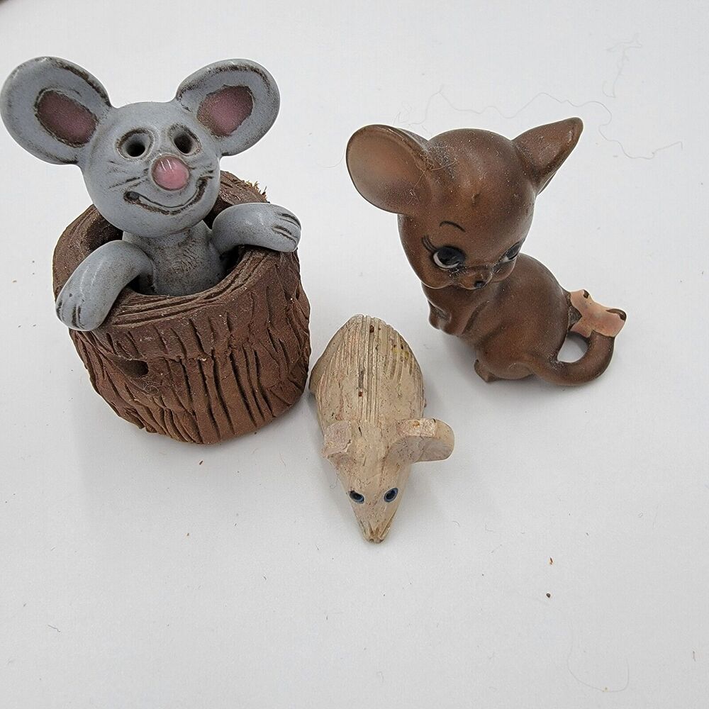 3 Vintage Mice 1 Pottery In A Tree Trunk 1 Soapstone 1 Ceramic Mouse